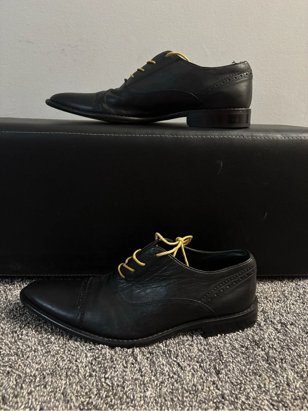 Kenneth Cole Black Leather Oxfords with Yellow Laces